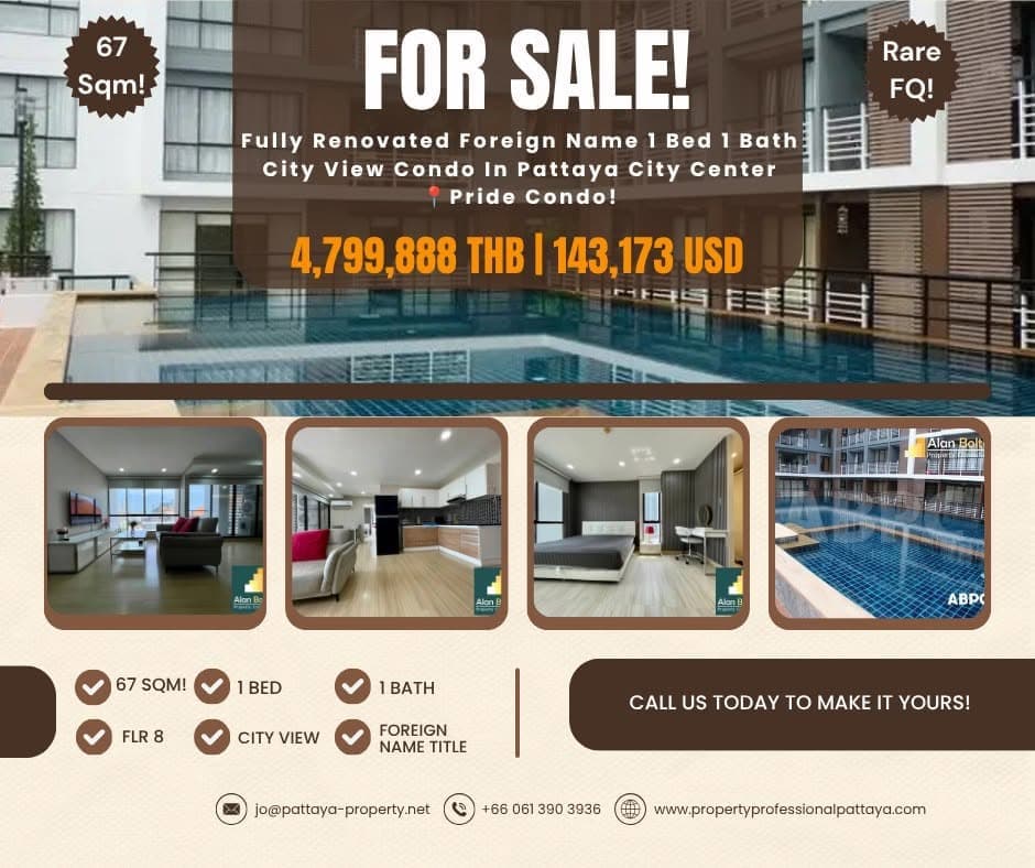 Large 67 Sqm Renovated Foreign Name 1 Bed 1 Bath City View Condo In Pattaya City Center's Pride Condo!
