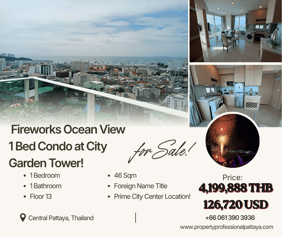 Large Fireworks Ocean View 1 Bed 1 Bath Condo In Pattaya City Center!