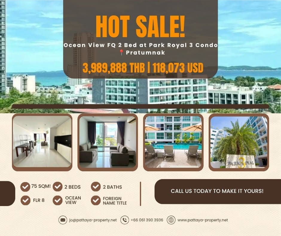 Low Priced Ocean View 2 Bed 2 Bath FQ Condo Near Pratumnak Beach!