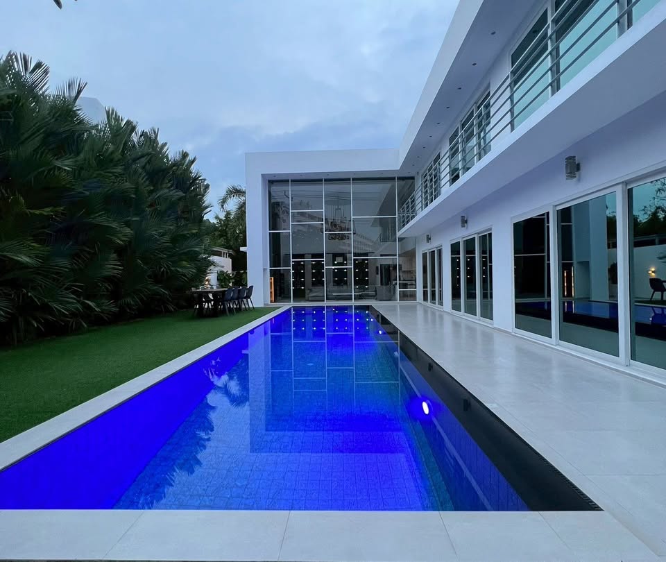 Illuminated villa pool