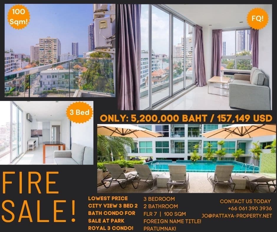 Lowest Price City View 3 Bed 2 Bath Condo For Sale Close To Pratumnak Beach!