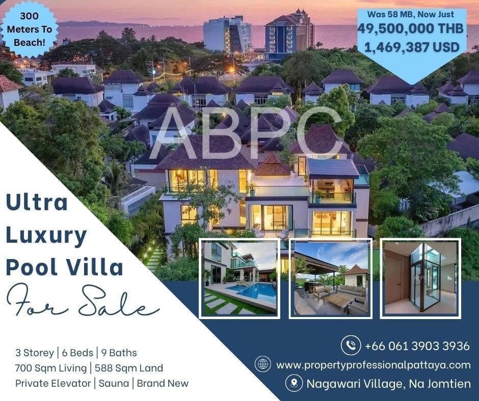 Ultra Luxury 3 Storey 6 Bed 9 Bath Pool Villa 300 Meters From Na Jomtien Beach!