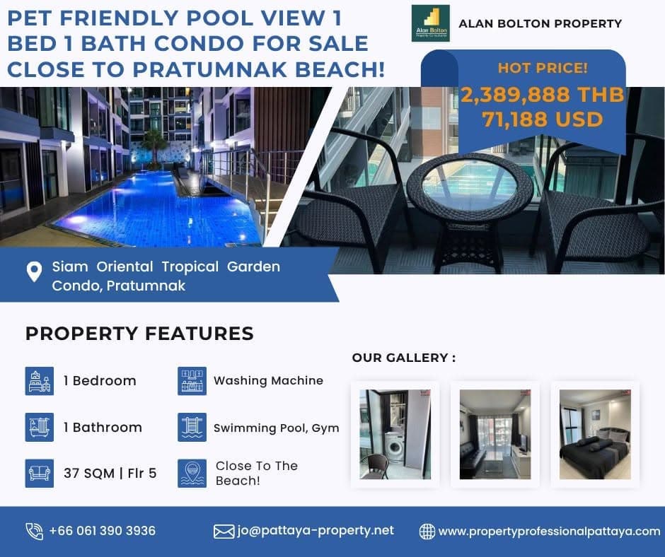 Pet Friendly Pool View 1 Bed 1 Bath Condo For Sale Close To Pratumnak Beach!