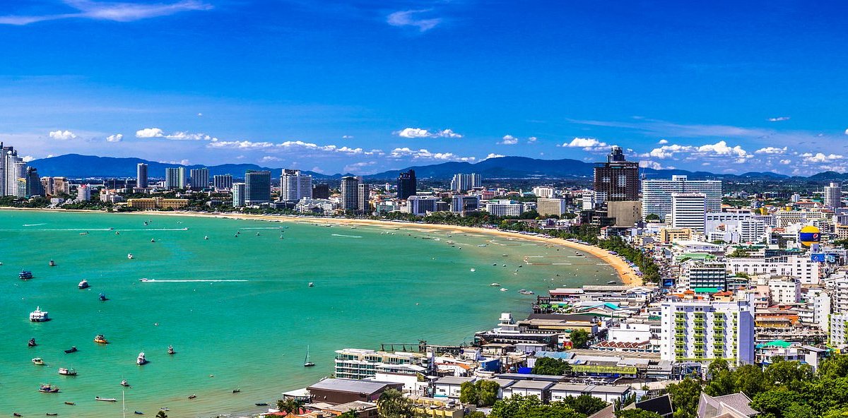 Aerial view of Pattaya Beach, coastline and city skyline