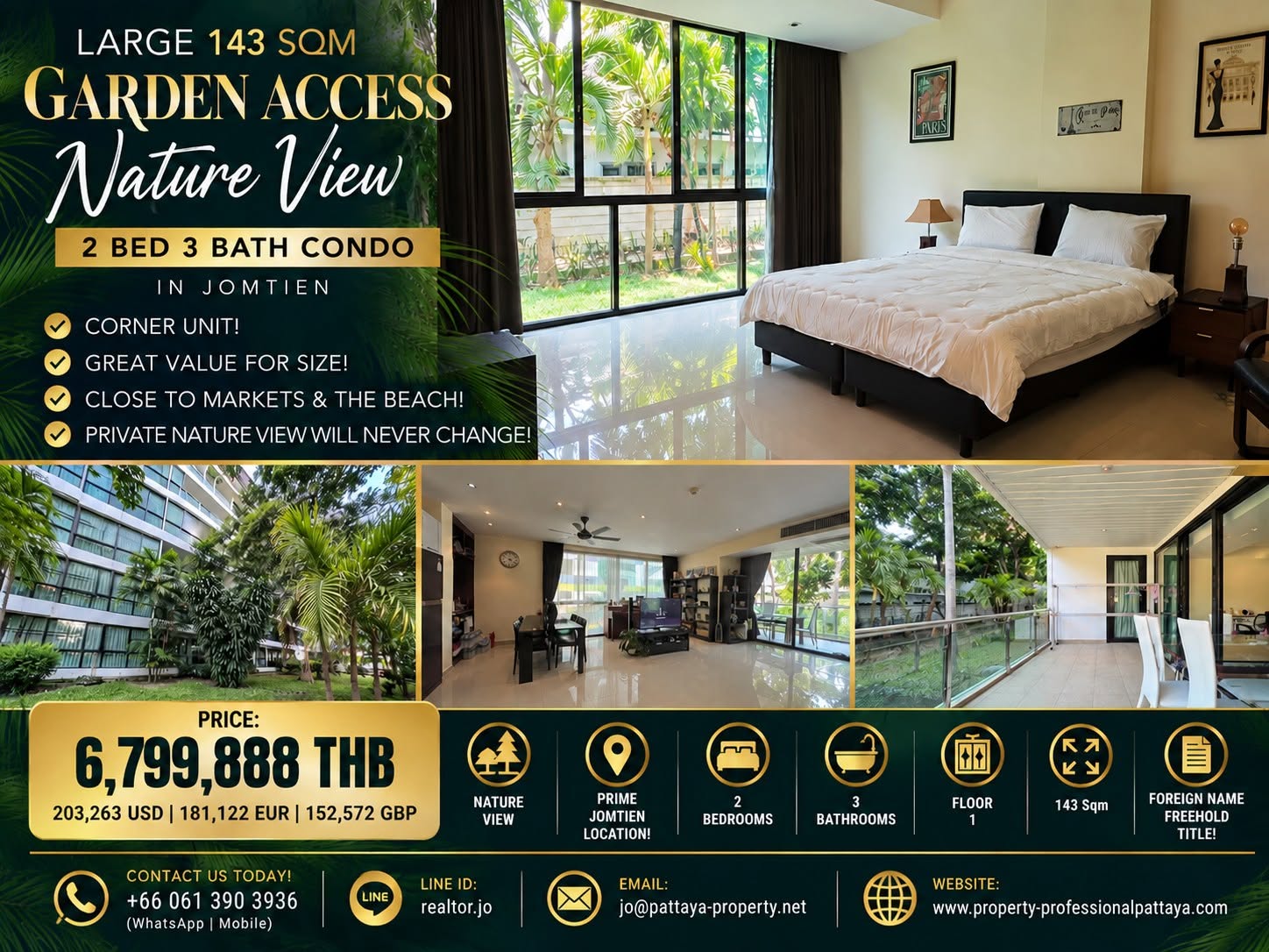 Large 143 Sqm Garden Access Nature View 2 Bed 3 Bath Condo For Sale In Jomtien!