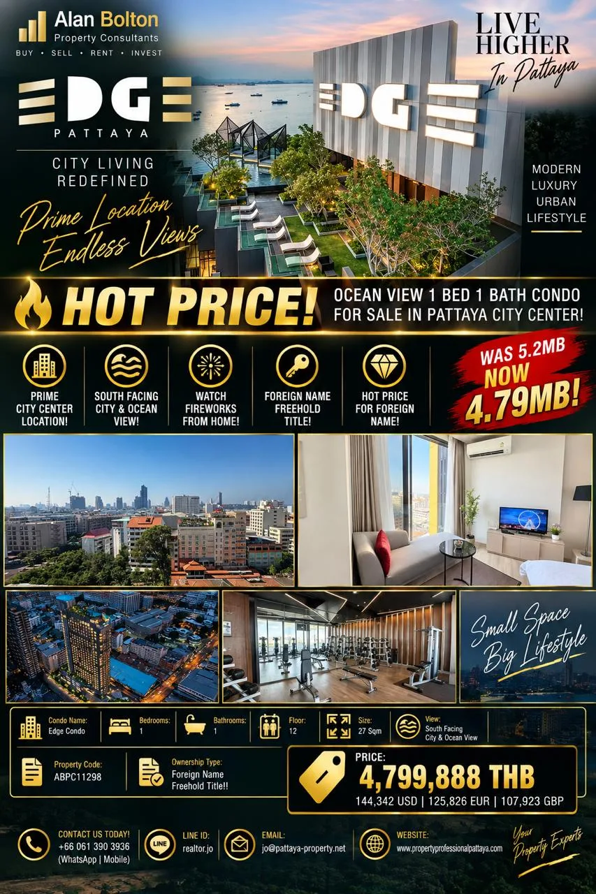 Hot Price Ocean View 1 Bed 1 Bath Condo For Sale In Pattaya City Center!