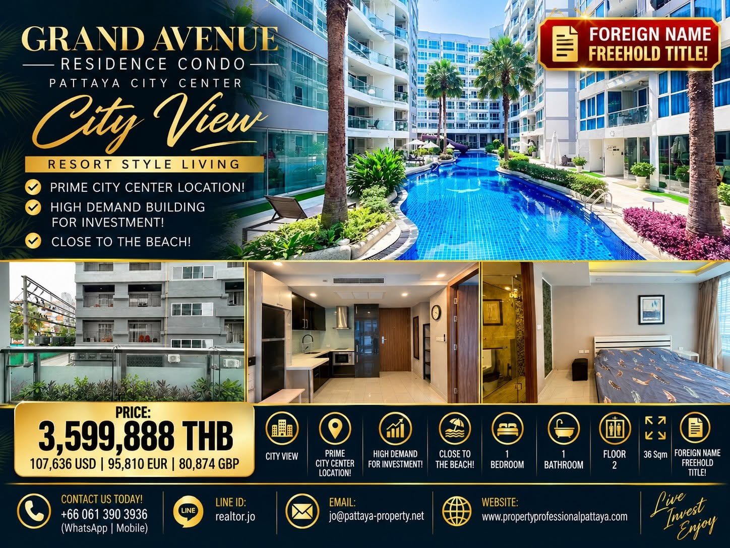 City View 1 Bed 1 Bath Resort Style Condo For Sale In Pattaya City Center!