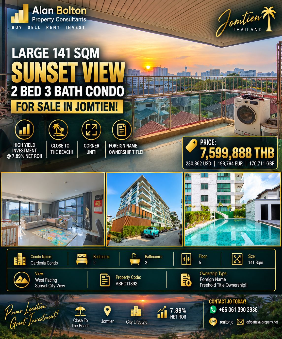 Large 141 Sqm Sunset View 2 Bed 3 Bath Condo For Sale In Jomtien!