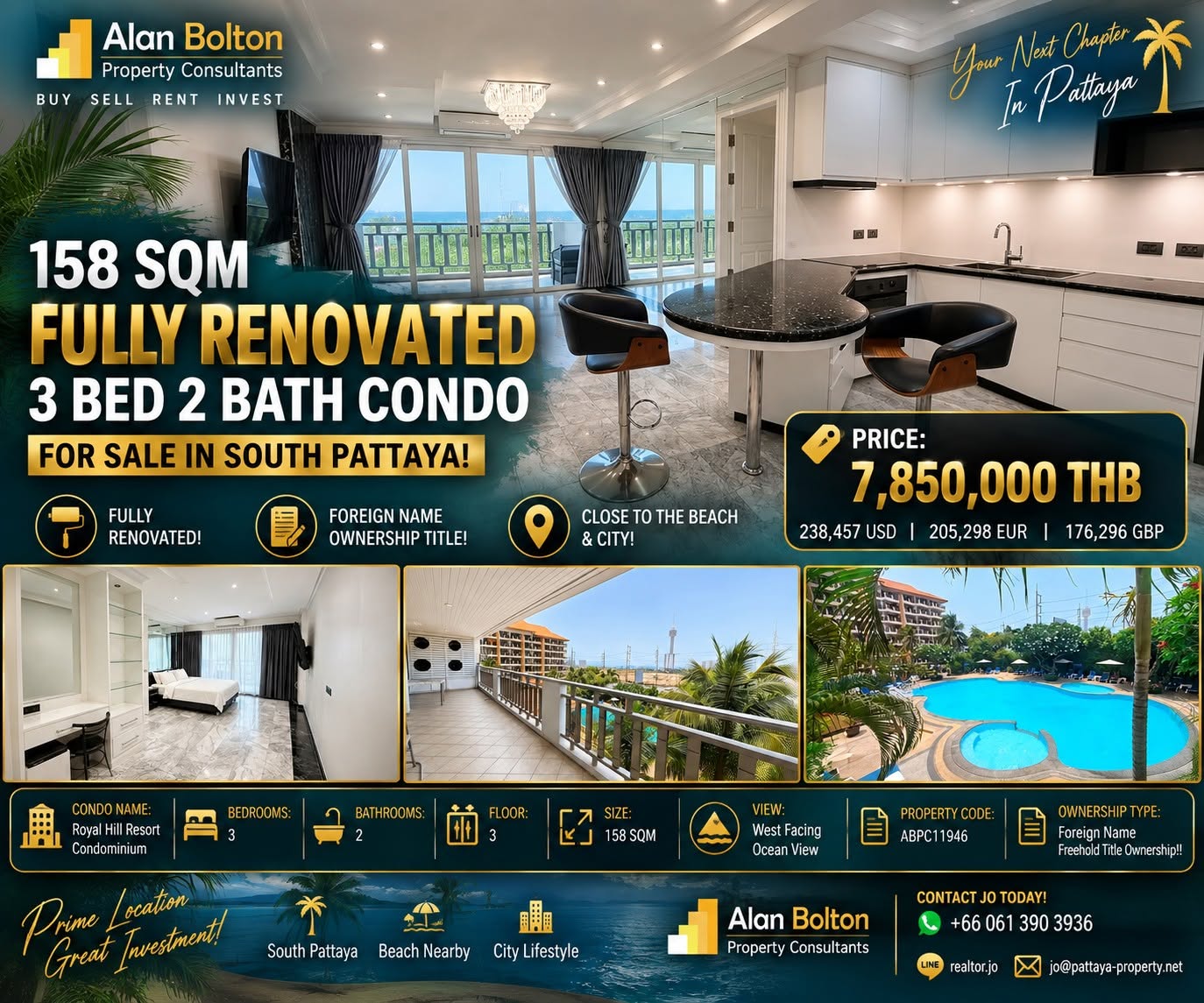 158 Sqm Fully Renovated Ocean View 3 Bed 2 Bath Condo For Sale In South Pattaya!