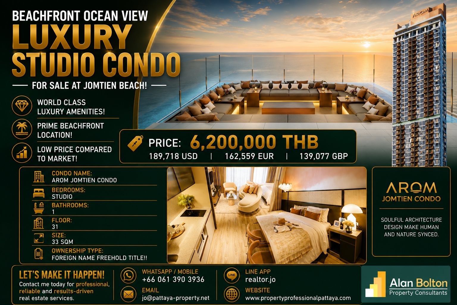 Beachfront Ocean View Luxury Studio Condo For Sale At Jomtien Beach!