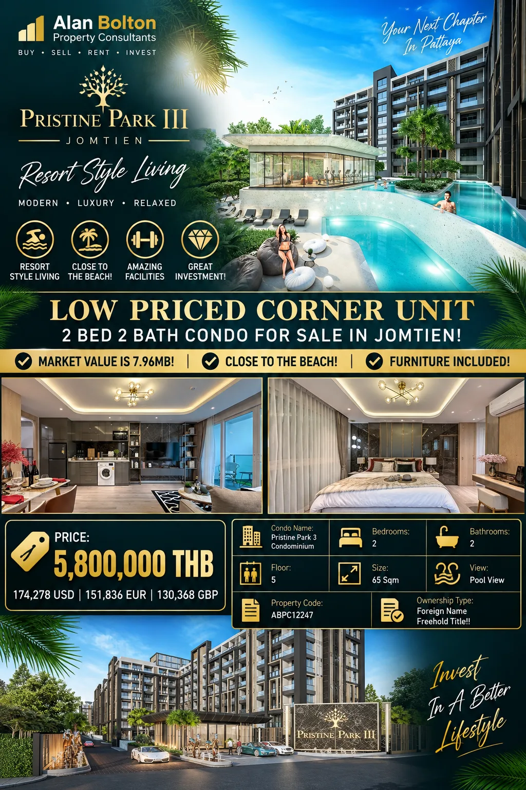 Low Priced Corner Unit 2 Bed 2 Bath Resort Style Condo For Sale In Jomtien!