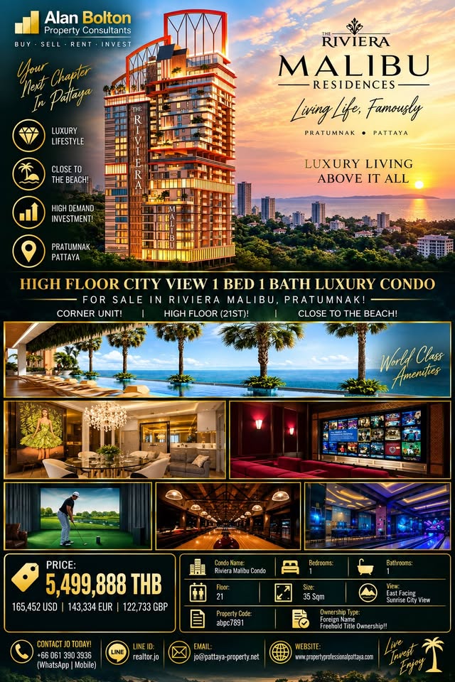 High Floor City View 1 Bed 1 Bath Foreign Name Luxury Condo For Sale In Riviera Malibu Pratumnak!