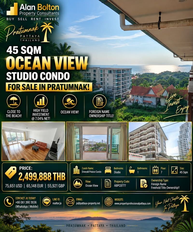 45 Sqm Ocean View Studio Condo For Sale In Pratumnak!