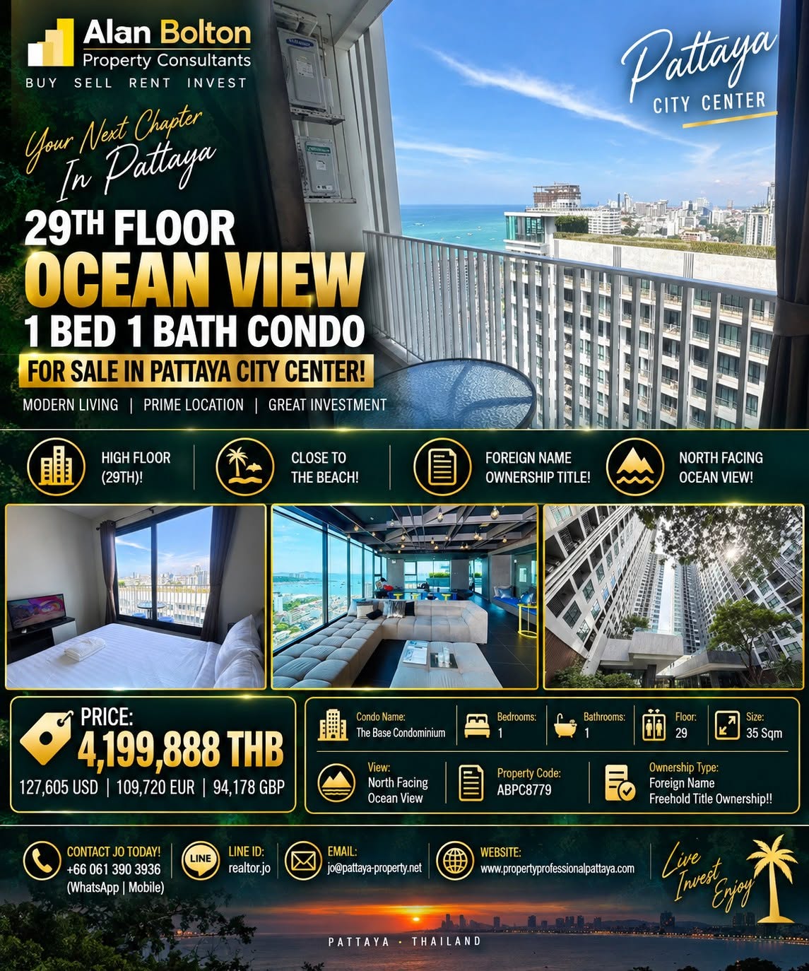 29th Floor Ocean View 1 Bed 1 Bath Condo For Sale In Pattaya City Center!