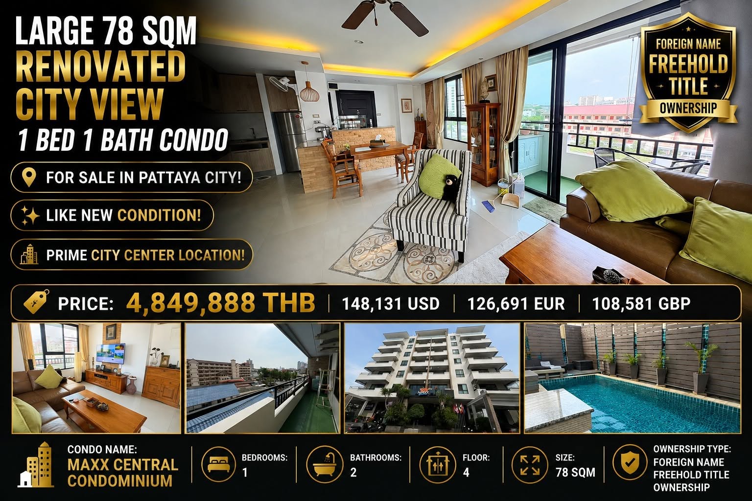 Large 78 Sqm Renovated City View 1 Bed 1 Bed Condo For Sale In Pattaya City!