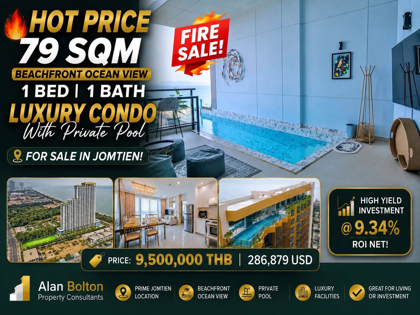 Hot Price 79 Sqm Beachfront Ocean View 1 Bed 1 Bath Luxury Condo With Private Pool For Sale In Jomtien!