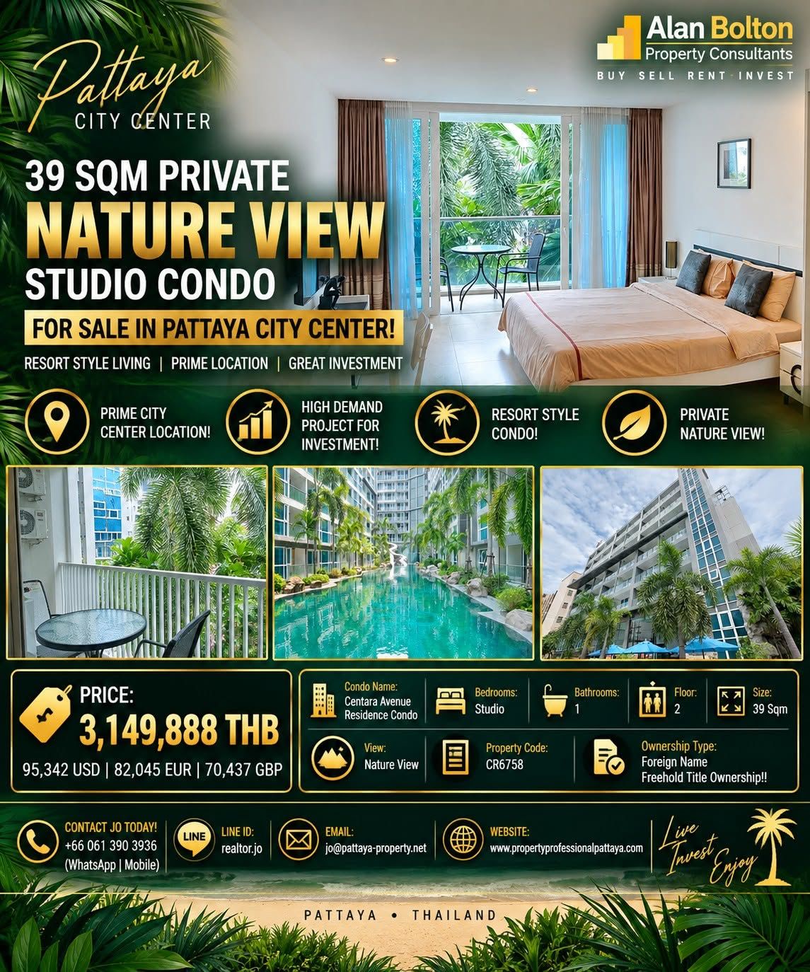 39 Sqm Private Nature View Studio For Sale At Resort Style Condo In Pattaya City Center!
