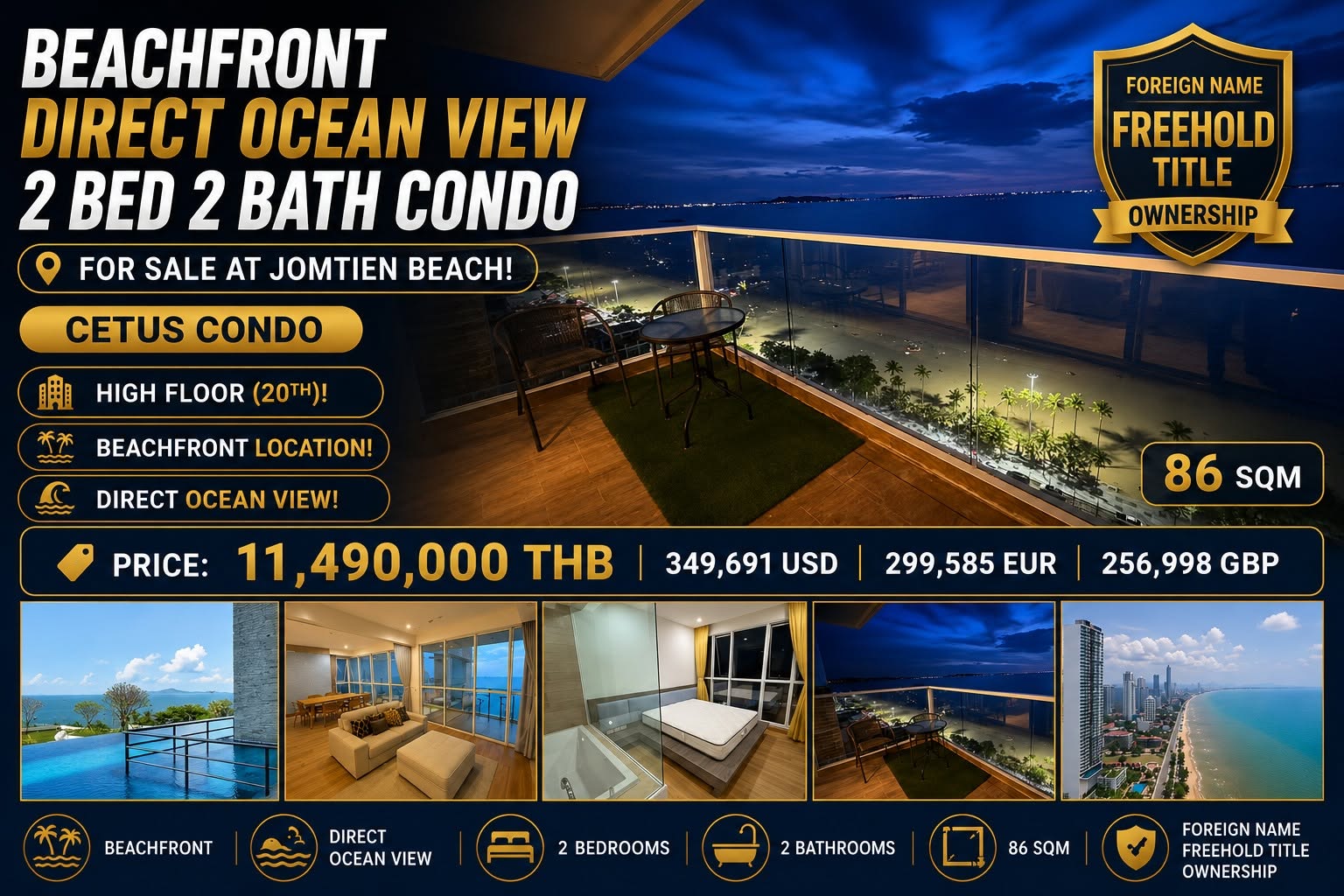 Beachfront Direct Ocean View 2 Bed 2 Bed Condo For Sale At Jomtien Beach!