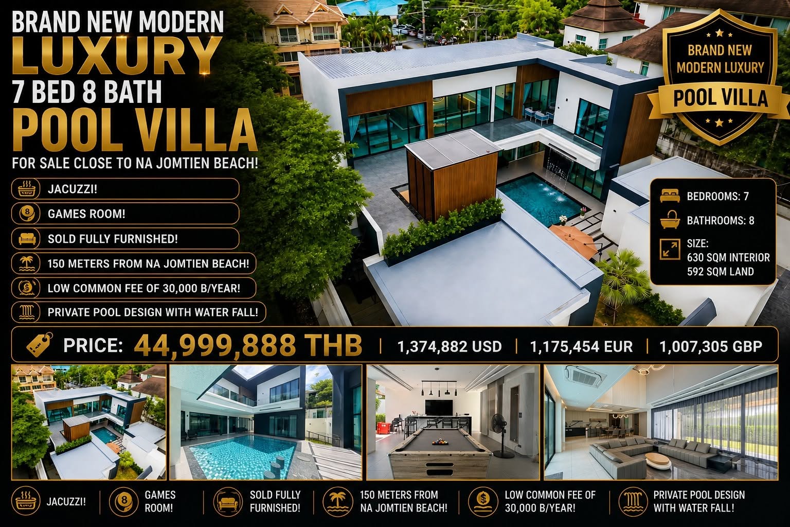 Brand New Modern Luxury 7 Bed 8 Bath Pool Villa For Sale Close To Na Jomtien Beach!
