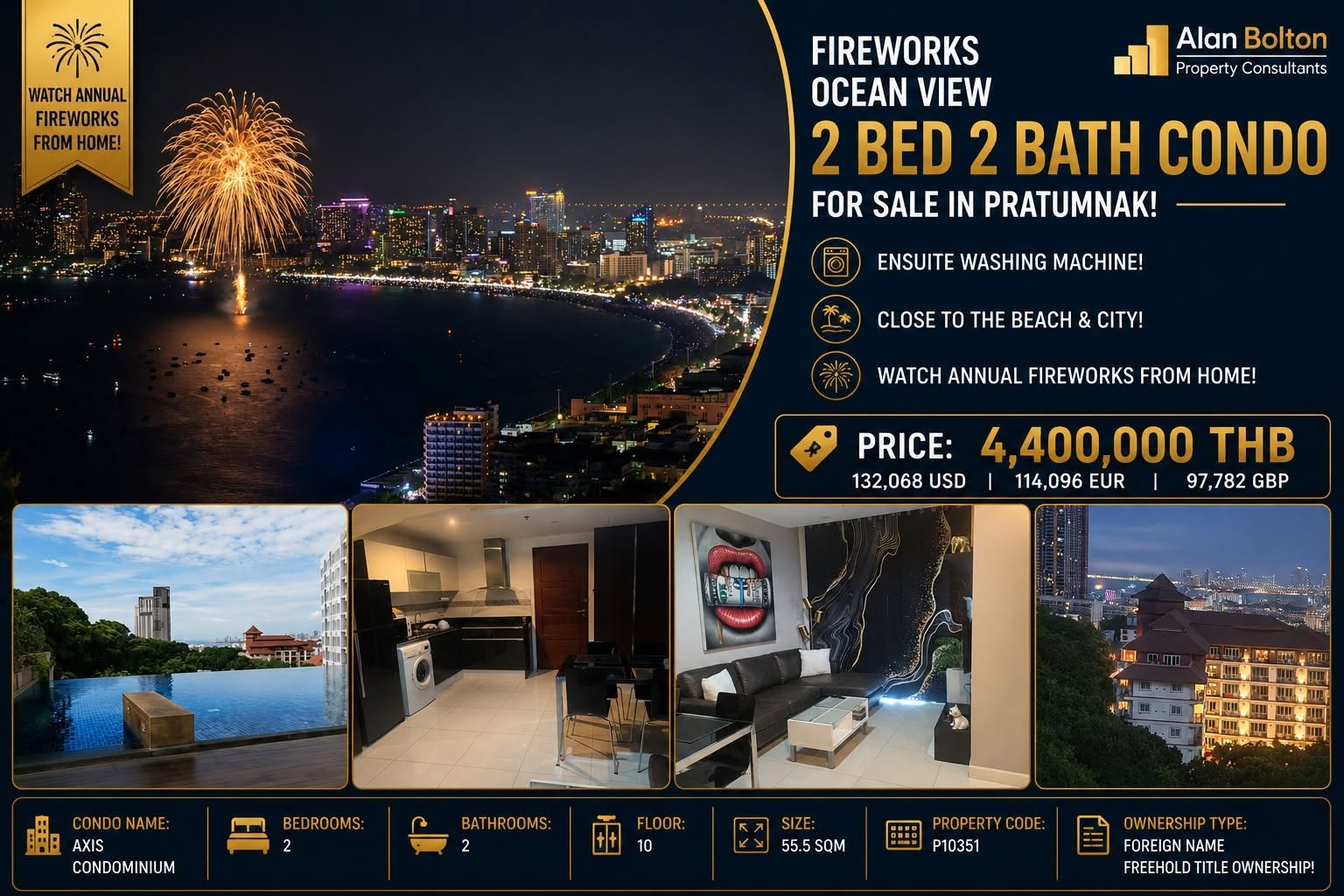 Fireworks Ocean View 2 Bed 2 Bath Condo For Sale In Pratumnak!