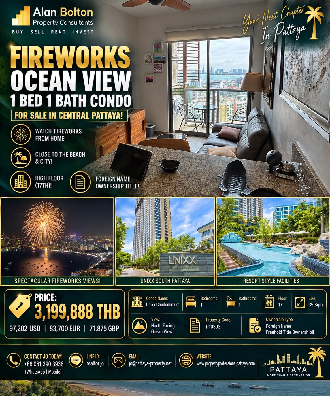Fireworks Ocean View 1 Bed 1 Bath Condo For Sale In Central Pattaya!