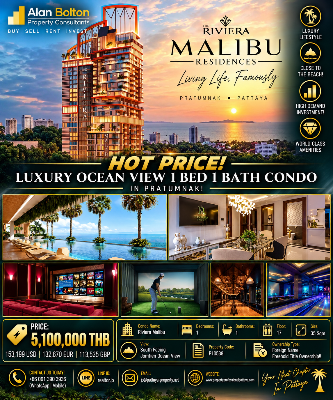 HOT Price Luxury Ocean View 1 Bed 1 Bath Foreign Name Condo In Pratumnak!