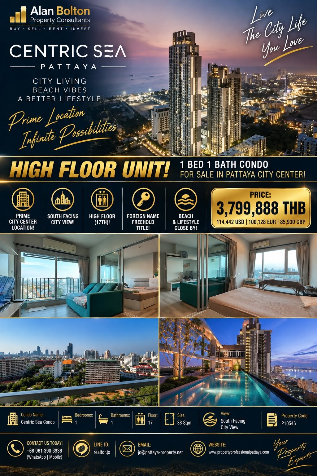High Floor Foreign Name City View 1 Bed 1 Bath Condo For Sale In Pattaya City Center!