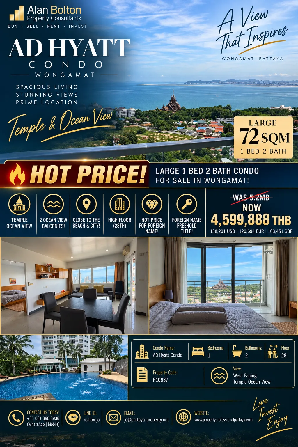 Large 72 Sqm Temple Ocean View 1 Bed 2 Bath Condo For Sale In Wongamat!