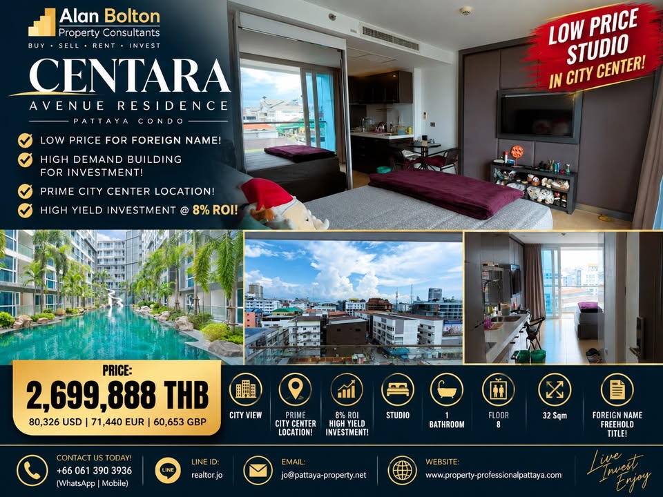 Low Price City View Studio Condo For Sale In Pattaya City Center!