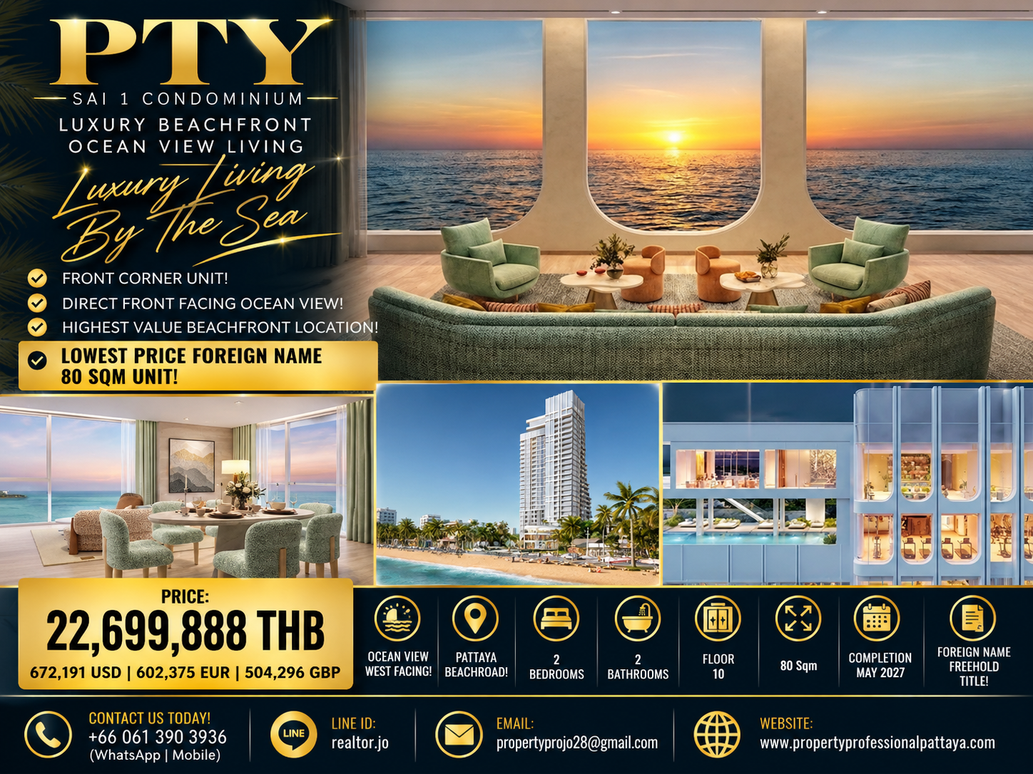 Luxury Beachfront Ocean View 2 Bed 2 Bed Condo For Sale On Pattaya Beachroad at PTY Condo!